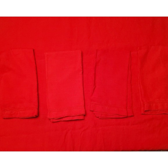 Williams Sonoma Red 100% Linen Hemstitch Rectangle Tablecloth 4 Napkins 70x90" - Picture 8 of 9